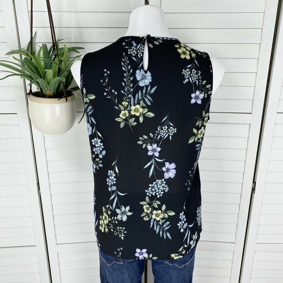 Karl Lagerfeld Paris Black Floral Sleeveless Blouse Top Sheer Ruffle Tank Size S - Picture 4 of 8